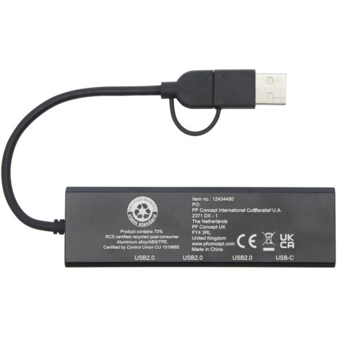 Rise hub USB 2.0 z aluminium pochodzącego z recyklingu z certyfikatem RCS czarny Rise hub USB 2.0 z aluminium pochodzącego z recyklingu z certyfikatem RCS czarny