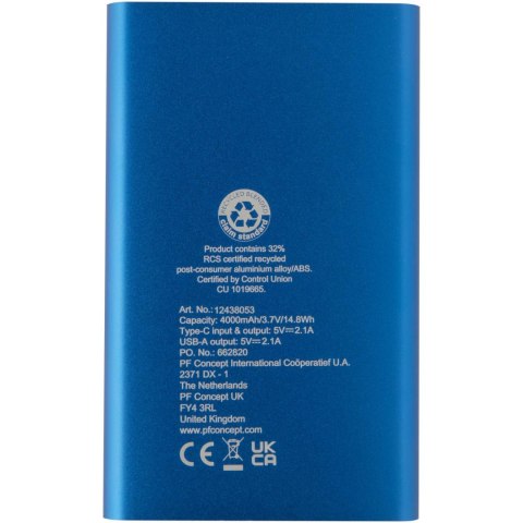 Pep powerbank o pojemności 4000 mAh Type-C z aluminium pochodzącego z recyklingu błękit królewski