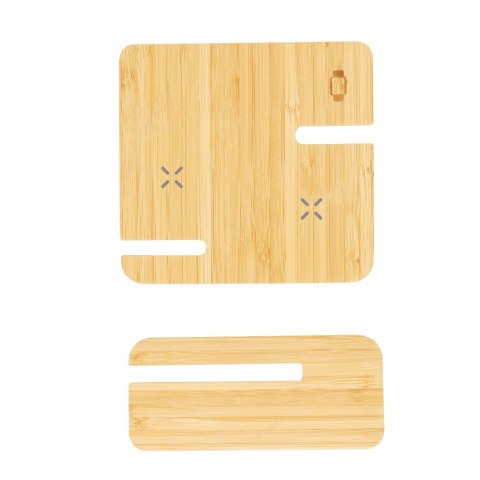 Bambusowa ładowarka bezprzewodowa 15W, 3 w 1, stojak na telefon