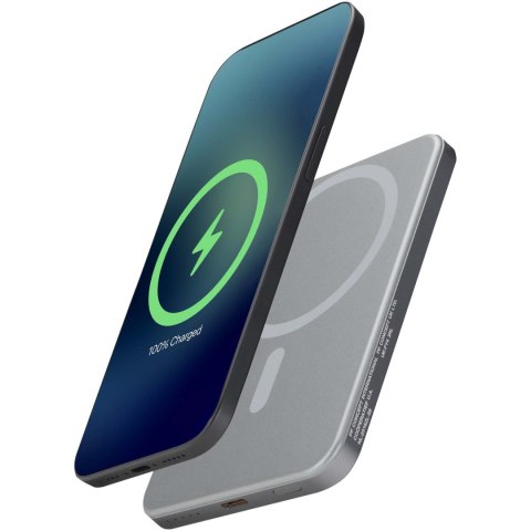 Powerbank Avis 5000 mAh z recyklingowanego aluminium posiadającego certyfikację RCS, z wbudowanym magnesem metaliczny