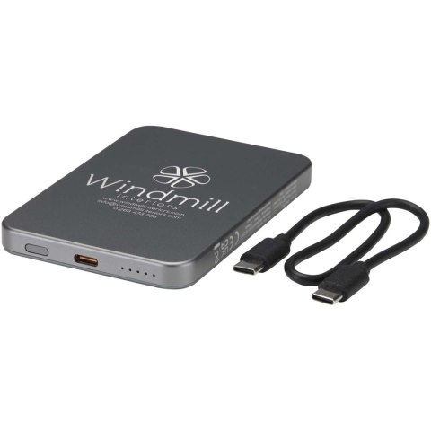 Powerbank Avis 5000 mAh z recyklingowanego aluminium posiadającego certyfikację RCS, z wbudowanym magnesem metaliczny