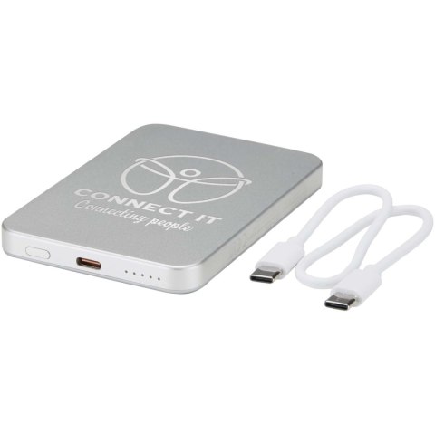 Powerbank Avis 5000 mAh z recyklingowanego aluminium posiadającego certyfikację RCS, z wbudowanym magnesem srebrny