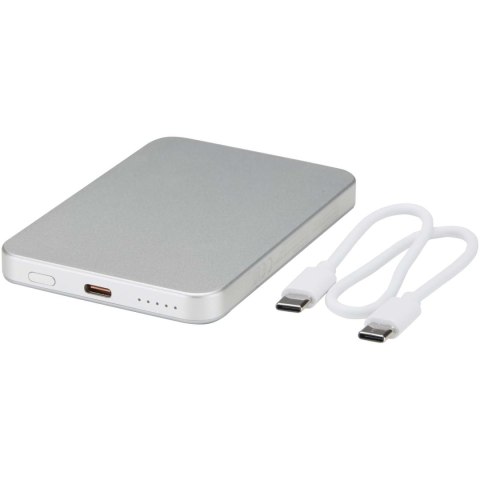 Powerbank Avis 5000 mAh z recyklingowanego aluminium posiadającego certyfikację RCS, z wbudowanym magnesem srebrny