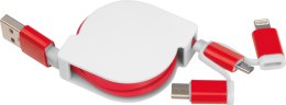 Rozwijany kabelek do ładowania z 3 wtyczkami kolor Czerwony