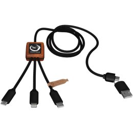 SCX.design C38 kabel do ładowania z podświetlanym logo 5-w-1 rPET i z kwadratową drewnianą obudową czarny, drewno